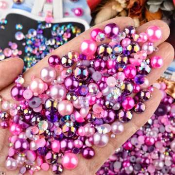 Kikonoke 75g Mix Resin Pearls Rhinestones Kit, 3-10mm Half Pearls and 2-6mm Flatback Rhinestones for Nail Art Decoration Shoes Clothes Tumblers Scrapbooking Craft DIY (Purple Rose)