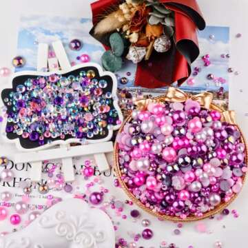 Kikonoke 75g Mix Resin Pearls Rhinestones Kit, 3-10mm Half Pearls and 2-6mm Flatback Rhinestones for Nail Art Decoration Shoes Clothes Tumblers Scrapbooking Craft DIY (Purple Rose)