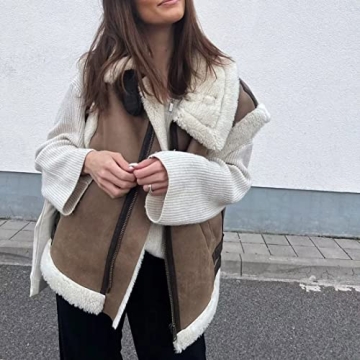 APAFES Women's Winter Fur Suede Vest Stand Collar Jacket