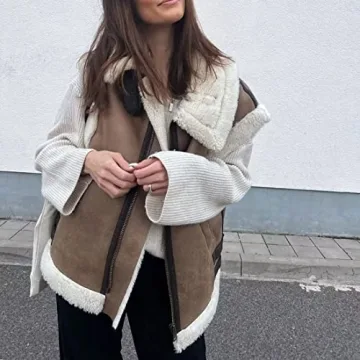 APAFES Women's Winter Fur Suede Vest Stand Collar Jacket