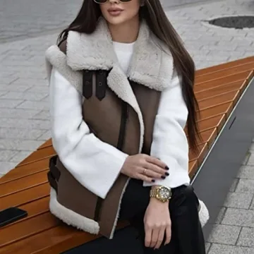 APAFES Women's Winter Fur Suede Vest Stand Collar Jacket