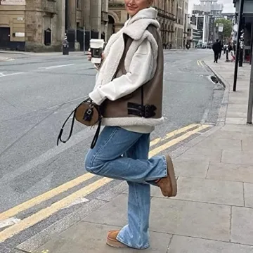 APAFES Women's Winter Fur Suede Vest Stand Collar Jacket