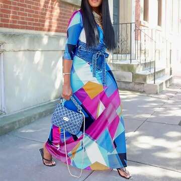 FANDEE Plus Size Maxi Dress for Women Summer Sundress V-Neck 3/4 Sleeve Multicoloured X-Large