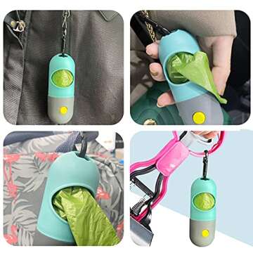 2 Pack Dog Poop Bag Dispenser with Built-in LED Flashlight, Pet Waste Bag Holder for Leash with Carabiner Clip for Lead Leash, 2 Rolls Leak-proof Doggy Waste Bags for Dog Walking, Blue,Eliamo