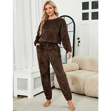 Faleave Womens Cropped Fluffy Pajama Set 2 Piece Fleece Winter Warm Pants Fuzzy Pullover Plush Sleepwear(Brown-M)