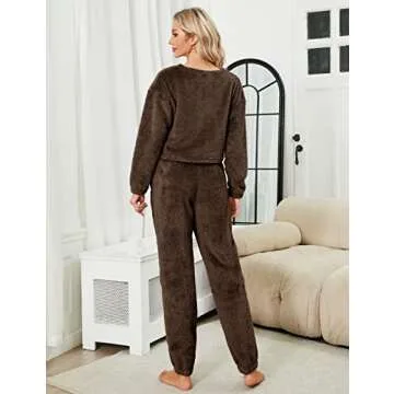 Faleave Womens Cropped Fluffy Pajama Set 2 Piece Fleece Winter Warm Pants Fuzzy Pullover Plush Sleepwear(Brown-M)