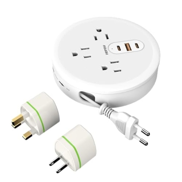 HOPOW European Travel Plug Adapter with 4Ft Retractable Extension Cord, EU/UK/US Power Strip with 3 ...