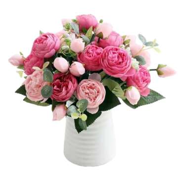 HoYuanFlo Artificial Peony Flowers Silk Peony Rose Real Touch Fake Flowers 3pcs Single Stem with 5 Heads Bouquet for Home Wedding Party Decoration (Pink)