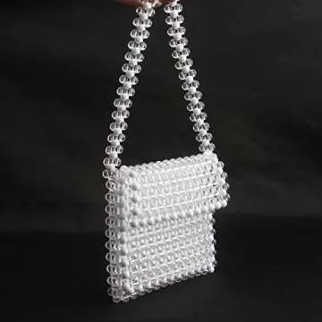 LETODE Women's Vintage Style Pearl Shoulder Bags Handmade Weave Pearl Crossbody Bags phone Purse Transparent Bags