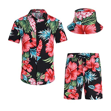 EISHOPEER Hawaiian Shirt Set - Men's Tropical Beach Outfit with Bucket Hat