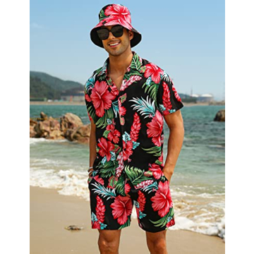Men's Hawaiian Shirt Set with Bucket Hat for Summer Style