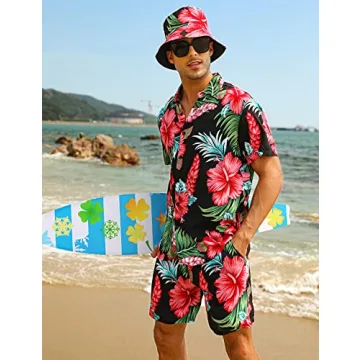 Men's Hawaiian Shirt Set with Bucket Hat for Summer Style