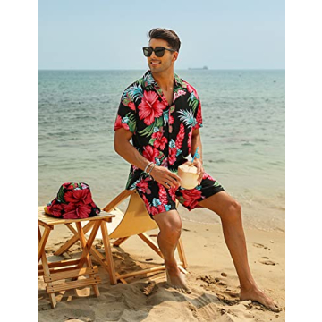 Men's Hawaiian Shirt Set with Bucket Hat for Summer Style