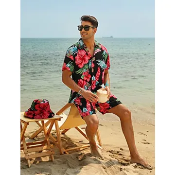 Men's Hawaiian Shirt Set with Bucket Hat for Summer Style