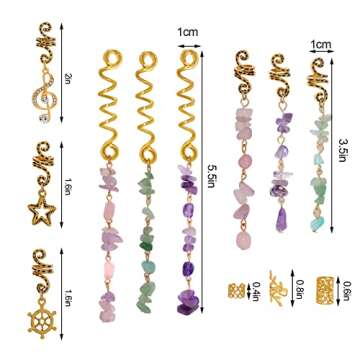 40Pcs Hair Jewelry for Braids, hoyuwak Natural Colored Crystal Stone Hair Braid Accessories Metal Hair Charms Gold Loc Dreadlock Spirals Cuffs Rings for Women Girls Rave Festival Hairstyle Decoration