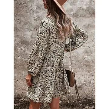 TEMOFON Women's Long Sleeve Leopard Print Tunic Dress