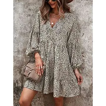 TEMOFON Women's Long Sleeve Leopard Print Tunic Dress