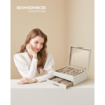 SONGMICS Elegant Jewelry Box with Glass Lid and Drawer