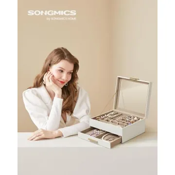 SONGMICS Elegant Jewelry Box with Glass Lid and Drawer