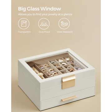 SONGMICS Elegant Jewelry Box with Glass Lid and Drawer