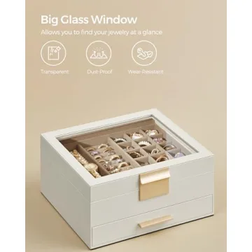 SONGMICS Elegant Jewelry Box with Glass Lid and Drawer