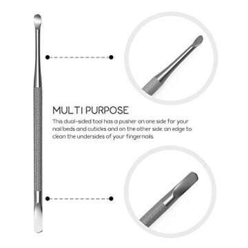 Professional Cuticle Pusher and Spoon Nail Cleaner | Dual Sided Stainless Steel Pusher and Nail Clea...