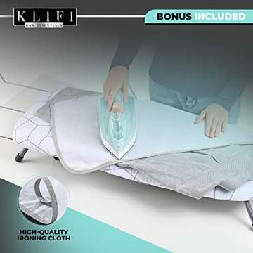 KLIFI™ Small Ironing Board Iron Board Hanger Wall Mount – Table Top Ironing Board with Adjustable Legs – Foldable Ironing Board with Built-in Iron Rest, Ironing Cloth – Compact and Lightweight -Grey