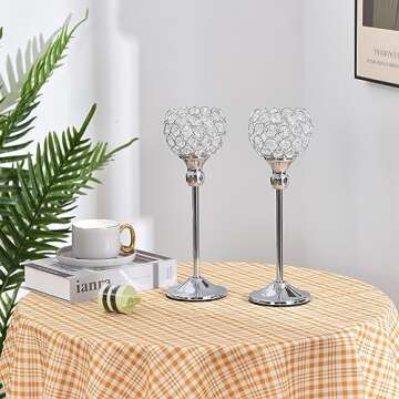 VINCIGANT Crystal Hurricane Candle Holder Silver Candlestick Set of 2 for Anniversary Celebration Coffee Table Modern Decorative Centerpieces