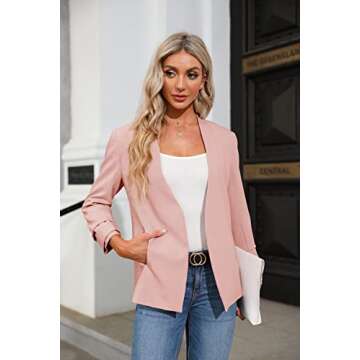 Ofenbuy Womens Casual Blazer Ruched 3/4 Sleeve Open Front Relax Fit Office Lightweight Cardigan Jacket Blazers (Large, Light Pink)