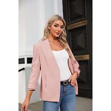Ofenbuy Womens Casual Blazer Ruched 3/4 Sleeve Open Front Relax Fit Office Lightweight Cardigan Jacket Blazers (Large, Light Pink)