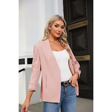 Ofenbuy Womens Casual Blazer Ruched 3/4 Sleeve Open Front Relax Fit Office Lightweight Cardigan Jacket Blazers (Large, Light Pink)