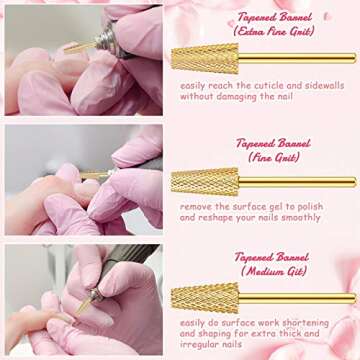 3 Pieces Tapered Barrel Carbide Nail Drill Bit, 3 Sizes Carbide Nail Drill Bit Acrylic File Cuticle, Art Tools for Gel Manicure Pedicure(XF, F, M,Gold)