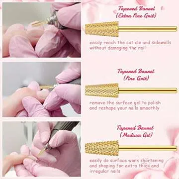 3 Pieces Tapered Barrel Carbide Nail Drill Bit, 3 Sizes Carbide Nail Drill Bit Acrylic File Cuticle, Art Tools for Gel Manicure Pedicure(XF, F, M,Gold)