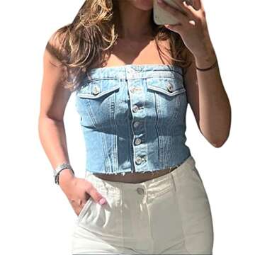 Sunloudy Women Denim Push Up Bustier Tube Top Strapless Button Up Corset Off Shoulder Crop Top Streetwear(#A Blue b,L)