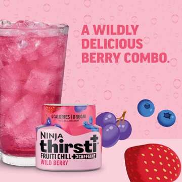 Ninja Thirsti Flavored Water Drops, FRUITI CHILL+ Wild Berry, Bold Fruit Flavor with Caffeine, Sparkling or Still, Zero Calories, Zero Sugar, Makes 17, 12oz drinks, 3 Pack, WCFWDBRAM