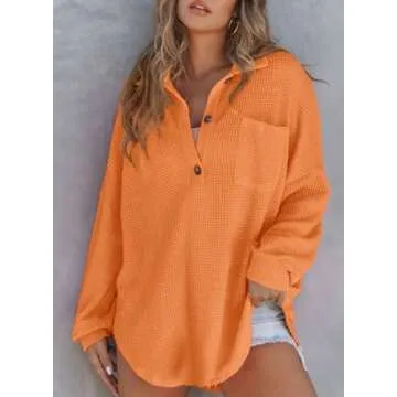 Astylish Women Oversized Waffle Shirts V Neck Lightweight Long Sleeve Loose Blouses Button Pullover Grapefruit Orange Large