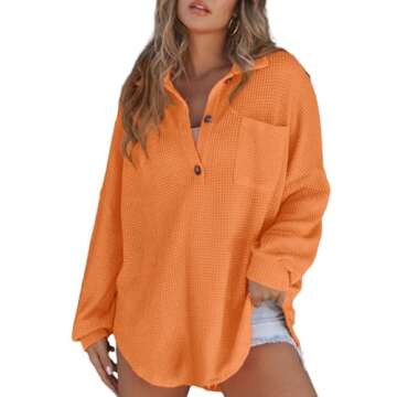 Astylish Women Oversized Waffle Shirts V Neck Lightweight Long Sleeve Loose Blouses Button Pullover Grapefruit Orange Large