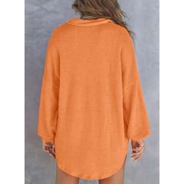 Astylish Women Oversized Waffle Shirts V Neck Lightweight Long Sleeve Loose Blouses Button Pullover Grapefruit Orange Large