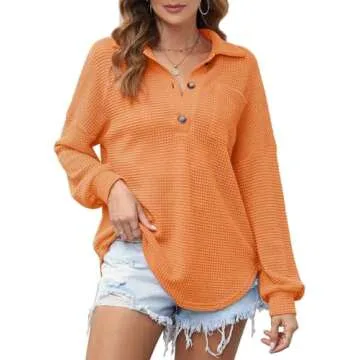 Astylish Women Oversized Waffle Shirts V Neck Lightweight Long Sleeve Loose Blouses Button Pullover Grapefruit Orange Large