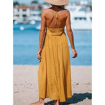 CUPSHE Women's Backless Beach Dress Halter Neck Ruffle Plunge V Neck Sleeveless Maxi Sundress Summer Dresses, Yellow M