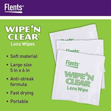 Flents Lens Wipes, Wipe 'N Clear, 150 Count, Pre-Moistened, Streak-Free, Safe for Glasses, Sunglasse...