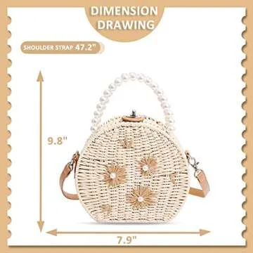 Straw Bag, Crossbody Bags for Women, Pearl Handbag Hard Box Handbags, Bohemian Handmade Woven Bag，...