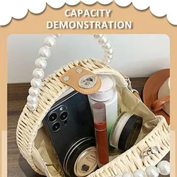 Straw Bag, Crossbody Bags for Women, Pearl Handbag Hard Box Handbags, Bohemian Handmade Woven Bag，Parties, Vacations Beach Bag(Beige)