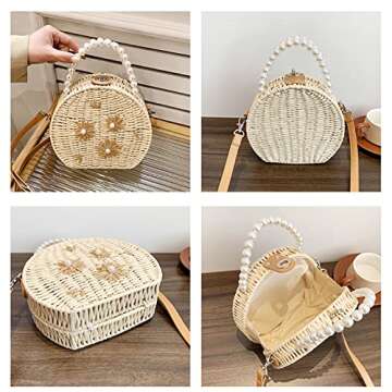 Straw Bag, Crossbody Bags for Women, Pearl Handbag Hard Box Handbags, Bohemian Handmade Woven Bag，Parties, Vacations Beach Bag(Beige)