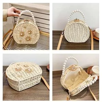 Straw Bag, Crossbody Bags for Women, Pearl Handbag Hard Box Handbags, Bohemian Handmade Woven Bag，Parties, Vacations Beach Bag(Beige)