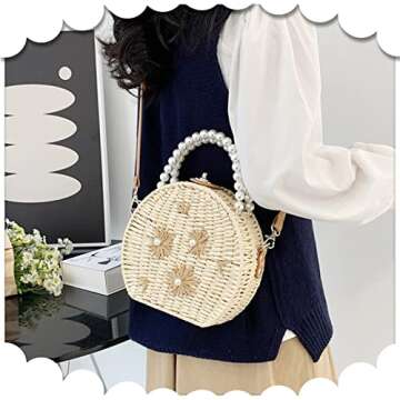 Straw Bag, Crossbody Bags for Women, Pearl Handbag Hard Box Handbags, Bohemian Handmade Woven Bag，Parties, Vacations Beach Bag(Beige)