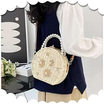 Straw Bag, Crossbody Bags for Women, Pearl Handbag Hard Box Handbags, Bohemian Handmade Woven Bag，Parties, Vacations Beach Bag(Beige)