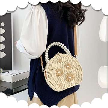 Straw Bag, Crossbody Bags for Women, Pearl Handbag Hard Box Handbags, Bohemian Handmade Woven Bag，Parties, Vacations Beach Bag(Beige)
