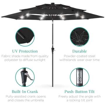 Best Choice Products 10ft 3-Tier Solar Patio Umbrella, Outdoor Market Sun Shade for Backyard, Deck, Poolside w/ 24 LED Lights, Tilt Adjustment, Easy Crank, 8 Ribs - Black