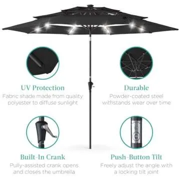 Best Choice Products 10ft 3-Tier Solar Patio Umbrella, Outdoor Market Sun Shade for Backyard, Deck, Poolside w/ 24 LED Lights, Tilt Adjustment, Easy Crank, 8 Ribs - Black